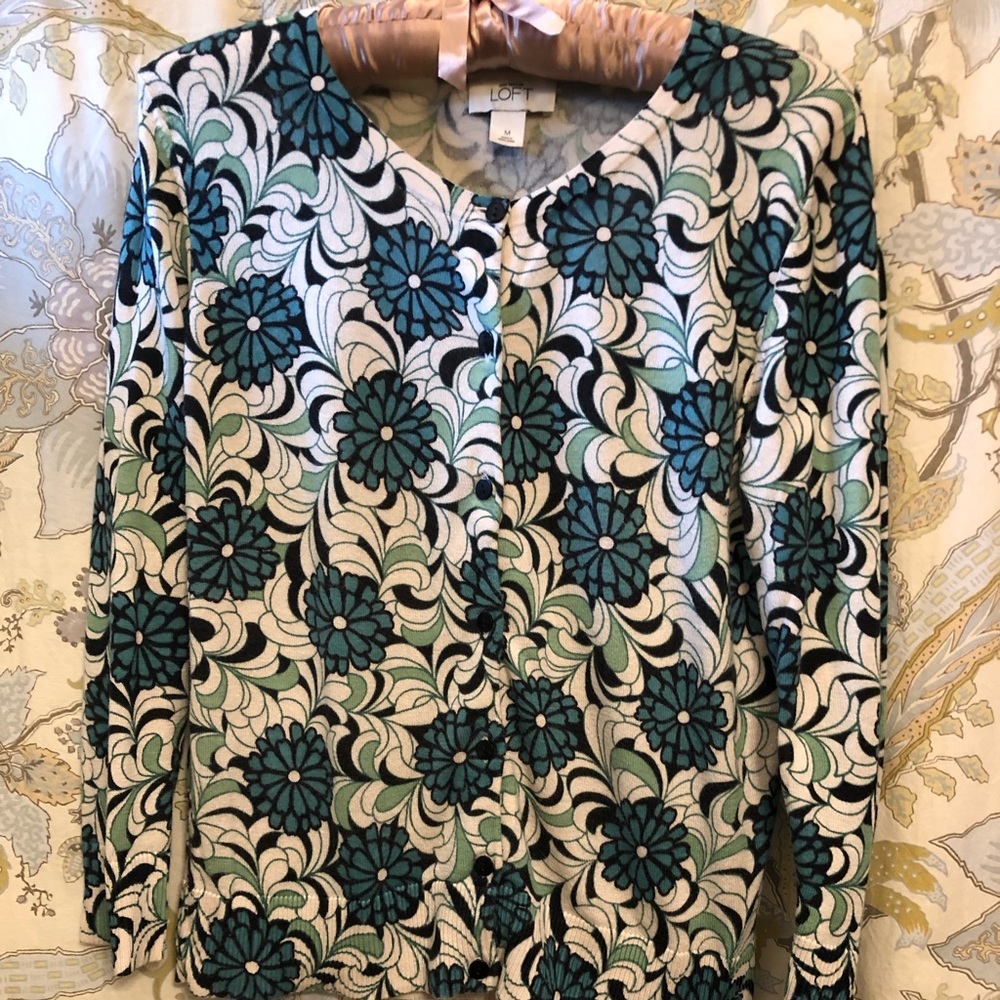 Loft printed cotton cardigan sweater M